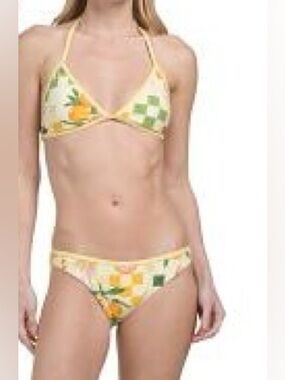 NWT- VACANCY CO 2PC reversible yellow Floral Fruit Checkered BIKINI in MARIGOLD